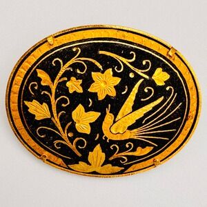 Vintage Toledo Damascene Style Bird Floral Oval Brooch Gold Inlay Black